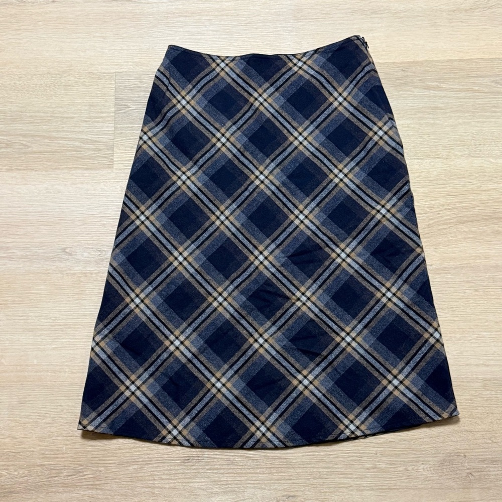 Plaid Wool Blend Lined A-Line Skirt - Blue and Tan